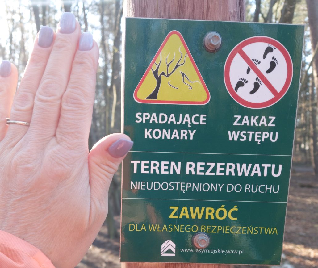 na zdjęciu znak zakazu poruszania się po dzikich ścieżkach na terenie rezerwatu