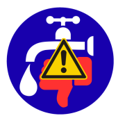 Znak z wykrzyknikiem, kran z kroplą wody i ręka z kciukiem w dół na niebieskim tle