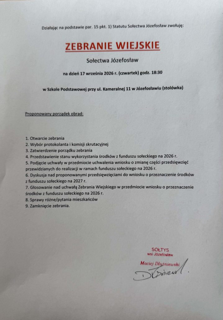 Zebranie Wiejskie Sołectwa Józefosław 17 września 2026 r.