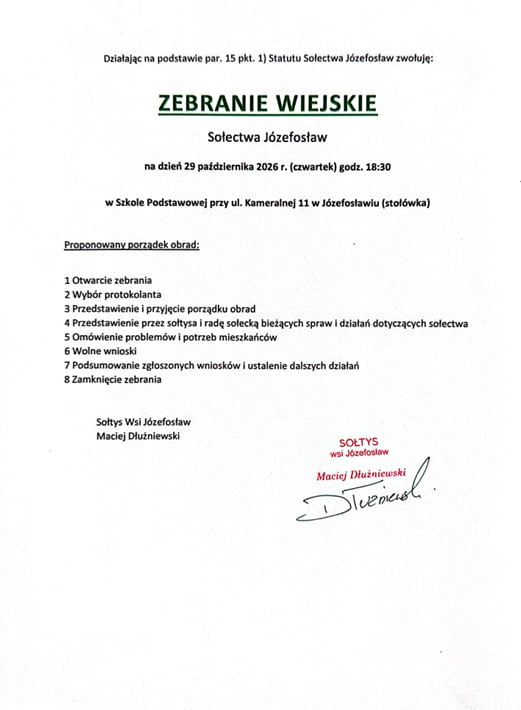 Zebranie wiejskie wsi Józefosław 29 października 2026